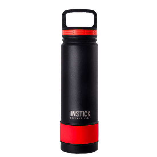 Thermal water bottle with fire-red carabiner, standard lid (0.65 L)